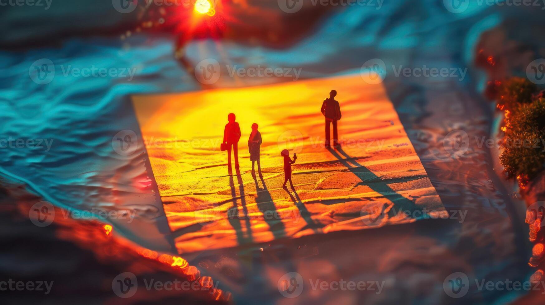 Miniature figures casting long shadows on a textured surface, illuminated by warm light photo
