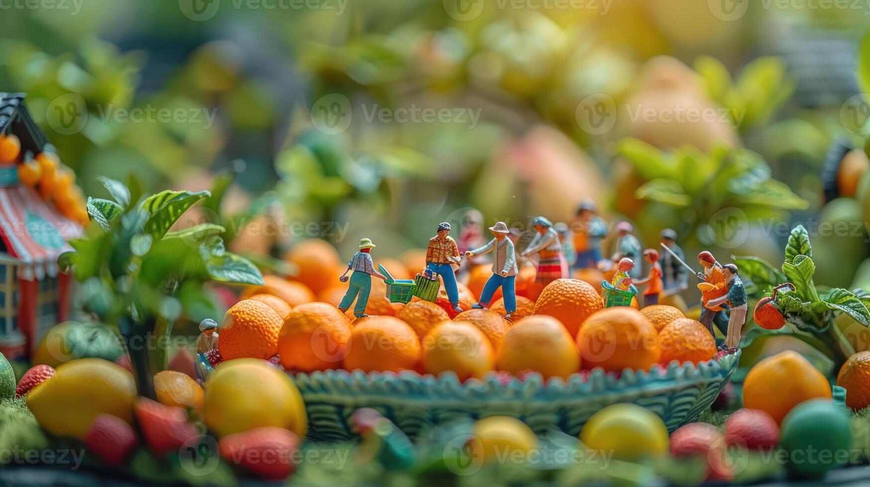 Miniature figures harvesting oranges in a vibrant fruit garden with lush greenery and colorful fruits photo