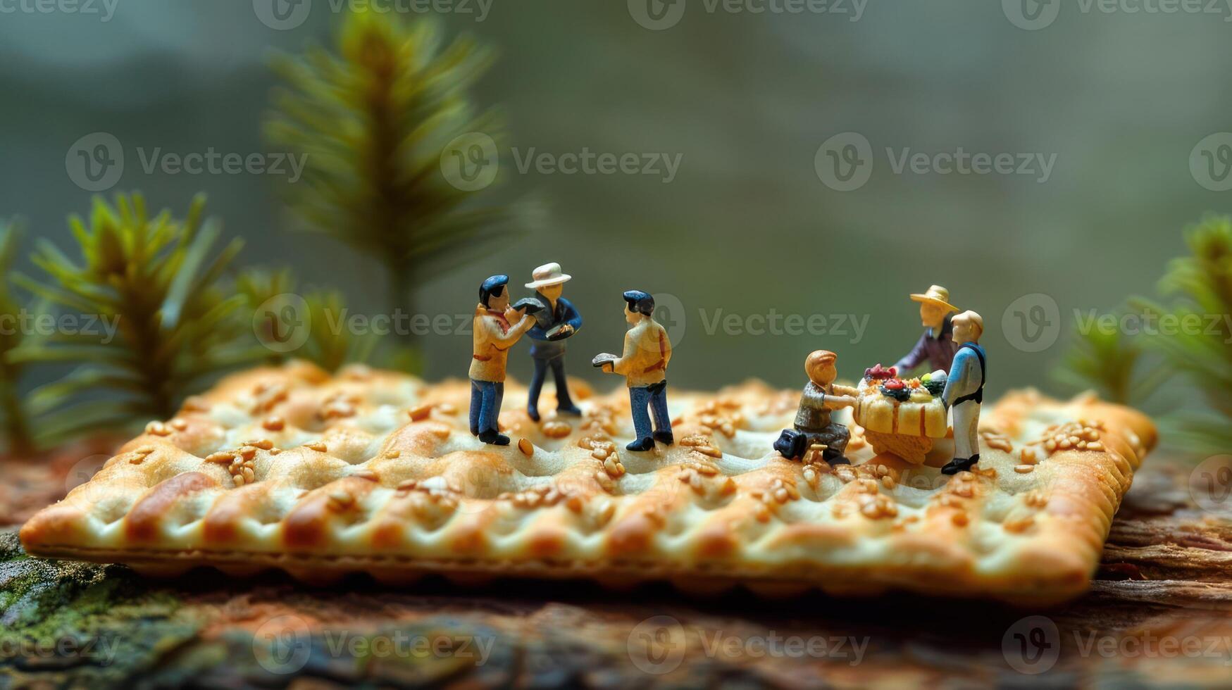 Miniature figures engage in conversation and trade on a cracker amidst a forest backdrop photo