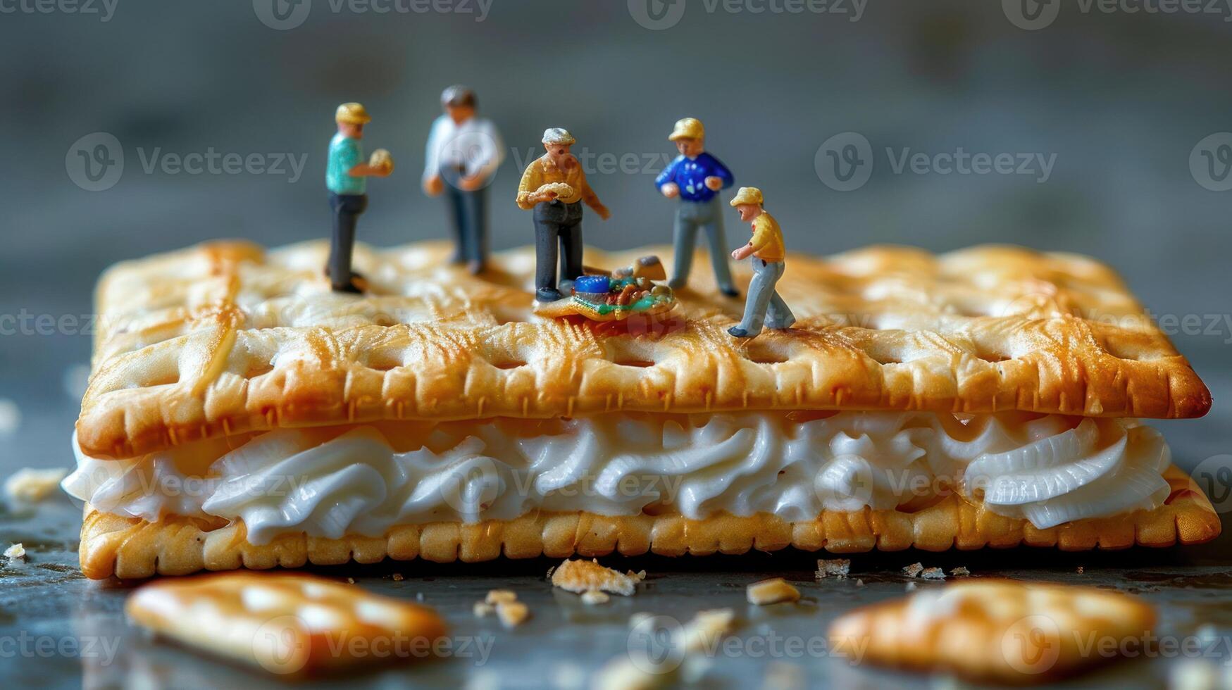 Miniature figures engaged in a playful scene atop a large dessert, showcasing creativity and fun photo