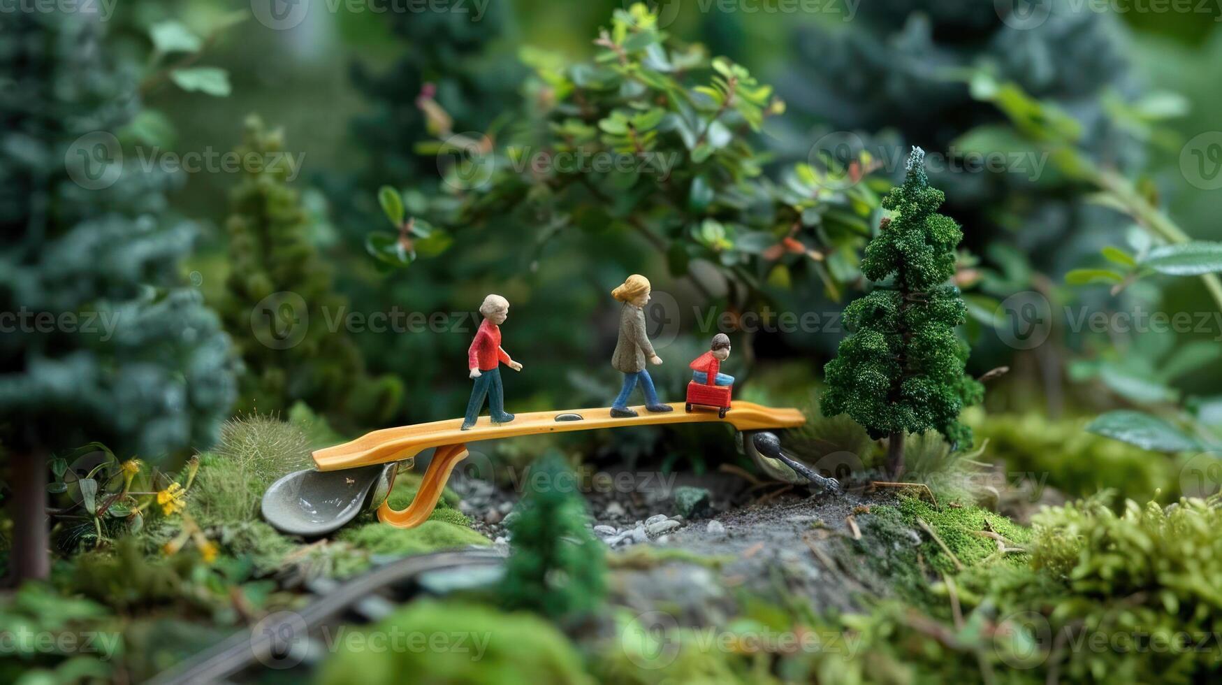 Miniature figures crossing a vibrant bridge in a lush forest setting with detailed foliage photo