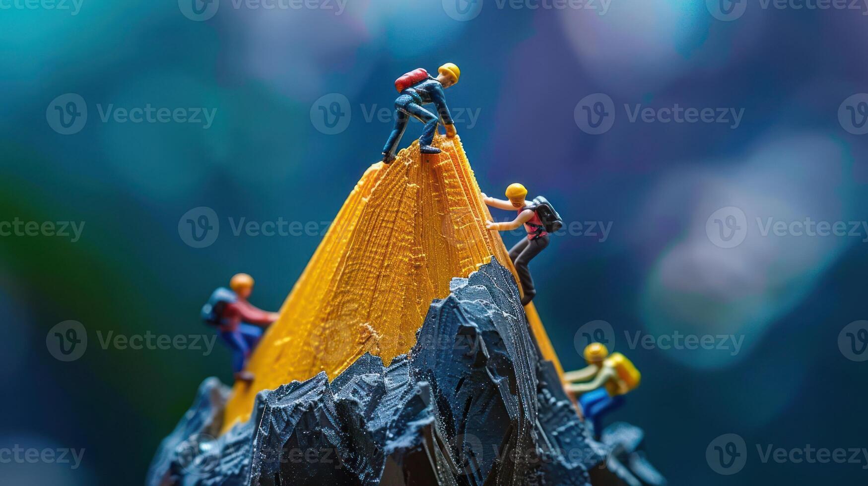 Miniature climbers scaling a vibrant mountain peak under a colorful bokeh background photo