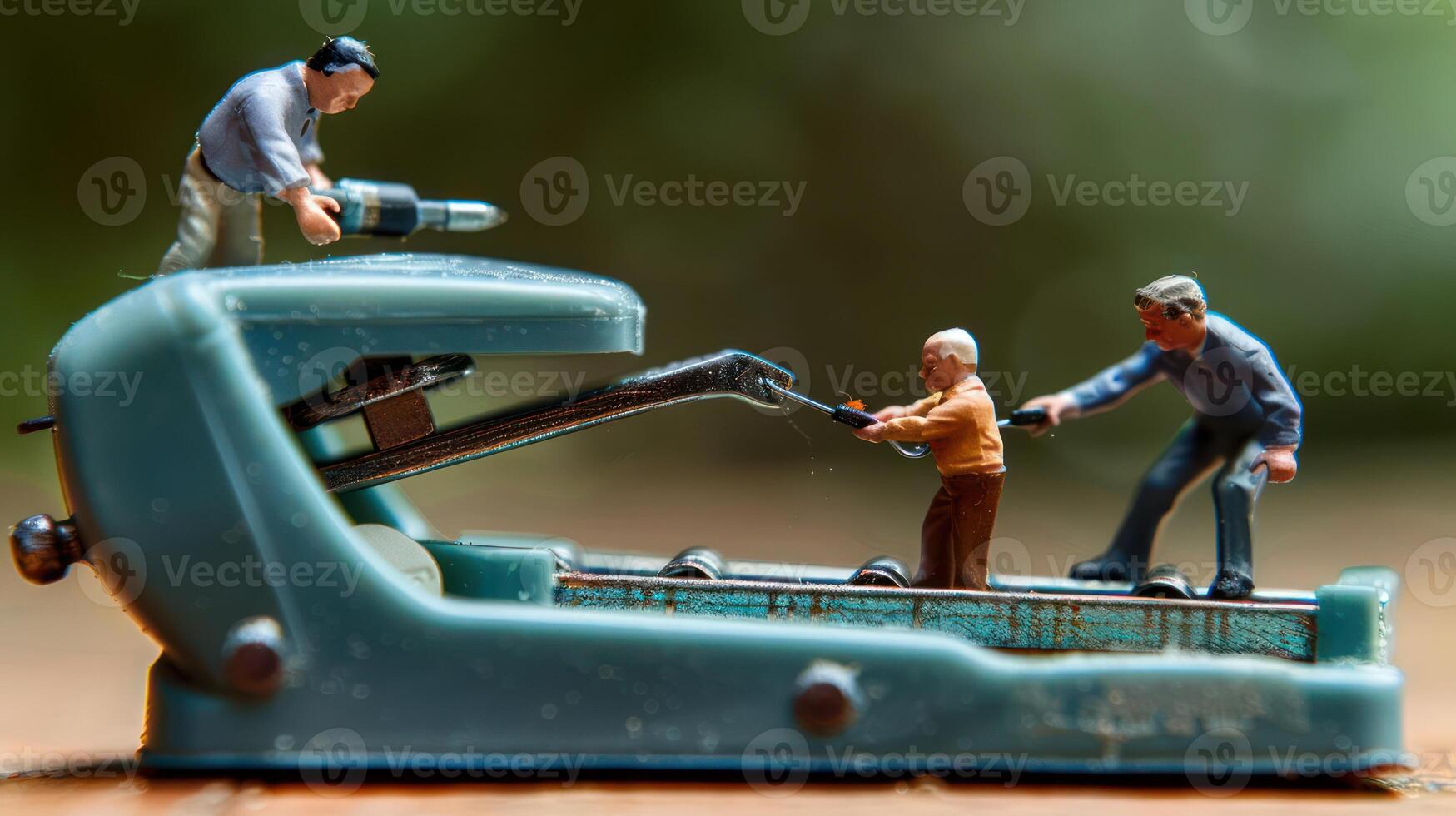 Miniature figures using a vintage stapler as a construction site in a blurred natural background photo