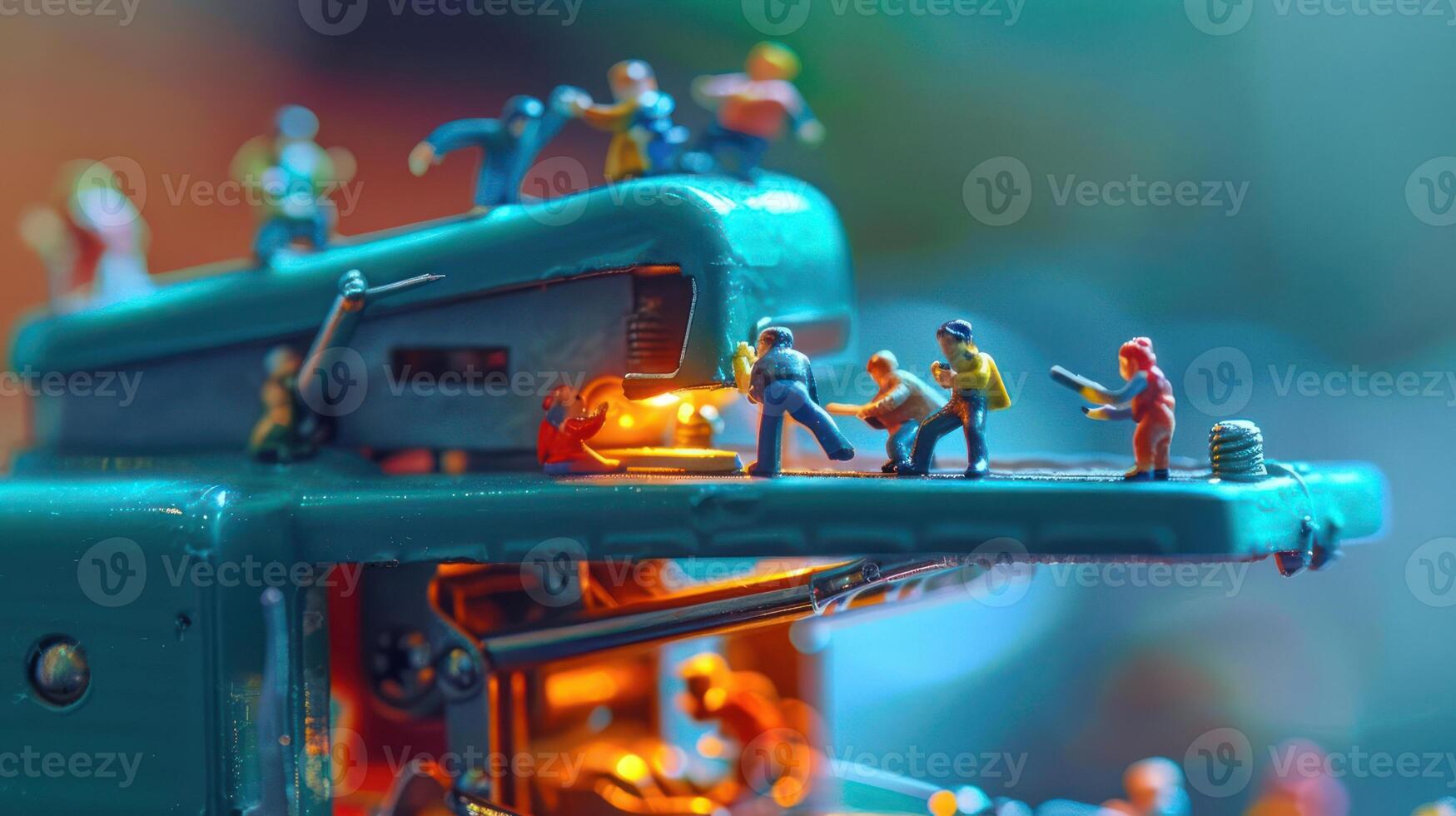 Miniature figures engaged in various activities on a colorful toy machine in a vibrant setting photo