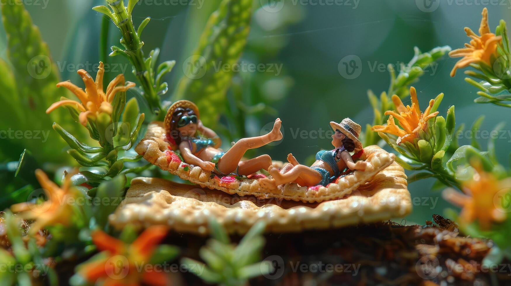 Two miniature figures lounging on a raft amid vibrant tropical foliage and flowers photo