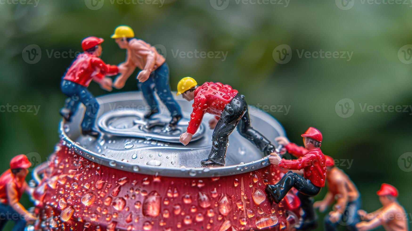 Miniature construction workers repairing a soda can amidst droplets, showcasing teamwork in nature photo
