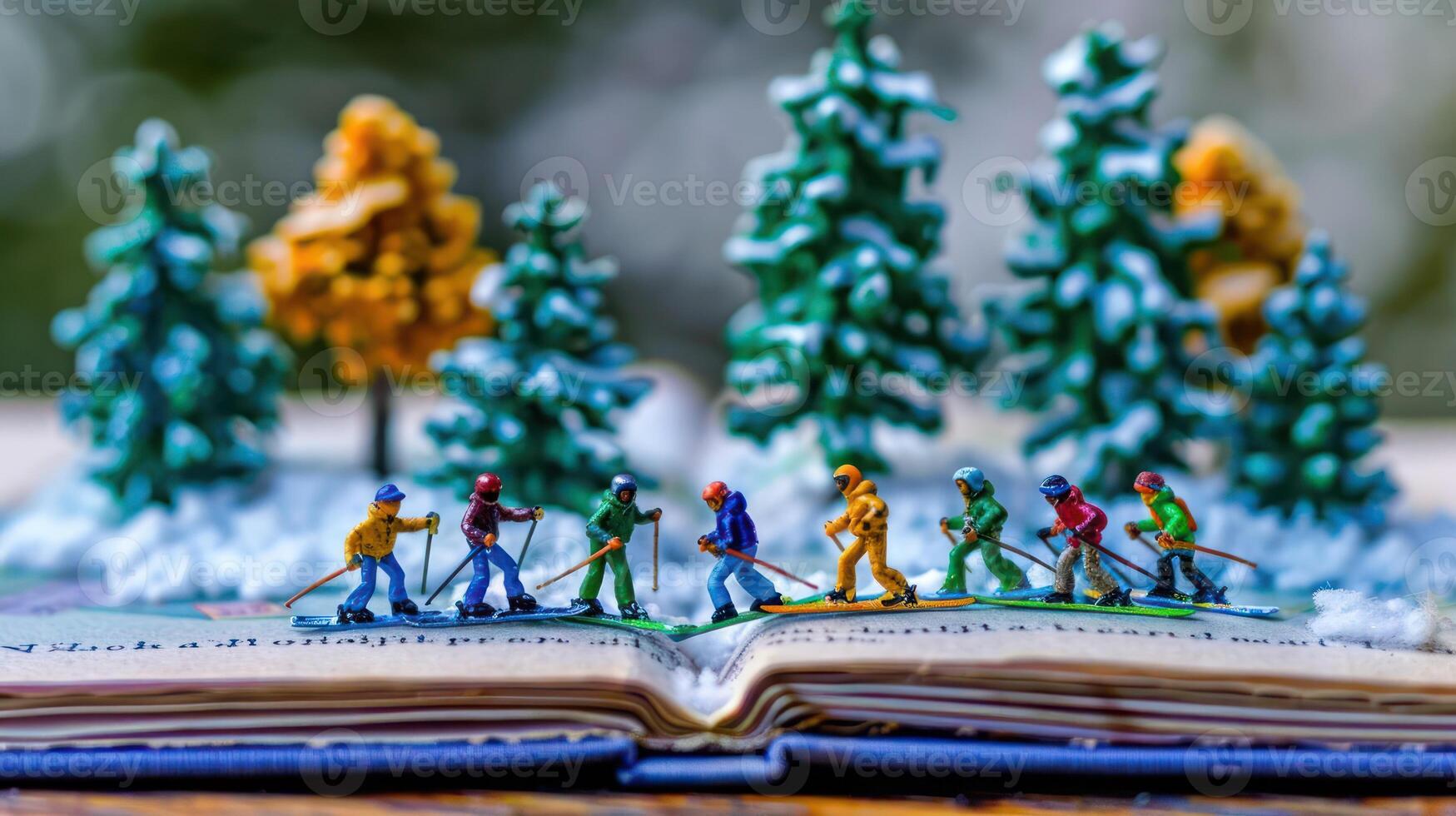 Miniature figures engaged in teamwork on an open book, surrounded by snowy trees in the background photo