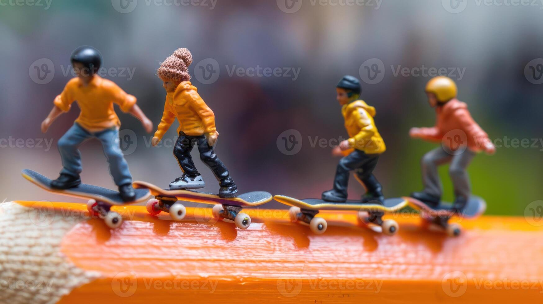 Four miniature skateboarders performing tricks on a colorful rail in a vibrant urban setting photo