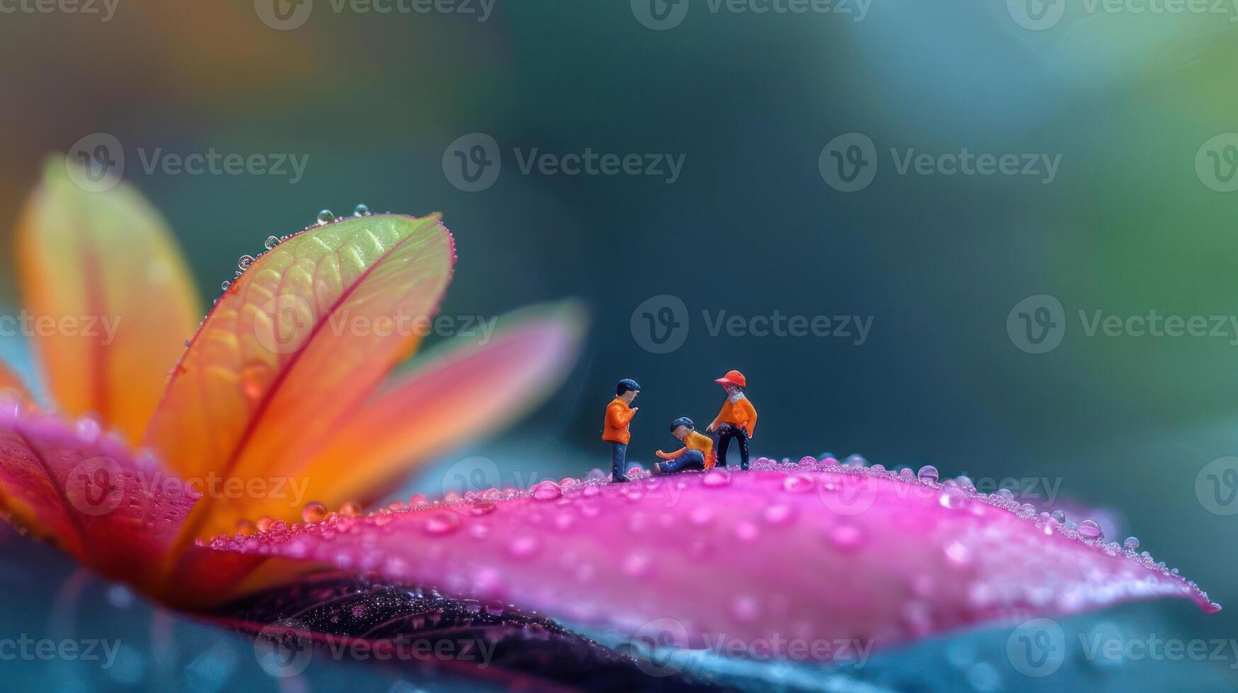 Miniature figures interacting on a vibrant flower petal adorned with dew drops in a serene setting photo