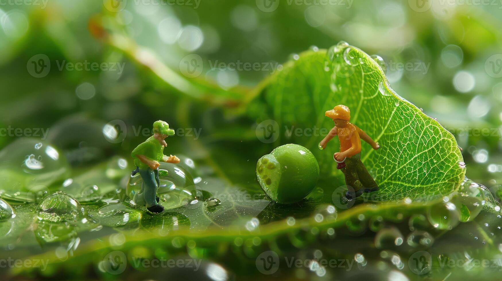 Miniature gardeners tending to a green fruit on dewy leaves in a lush environment photo