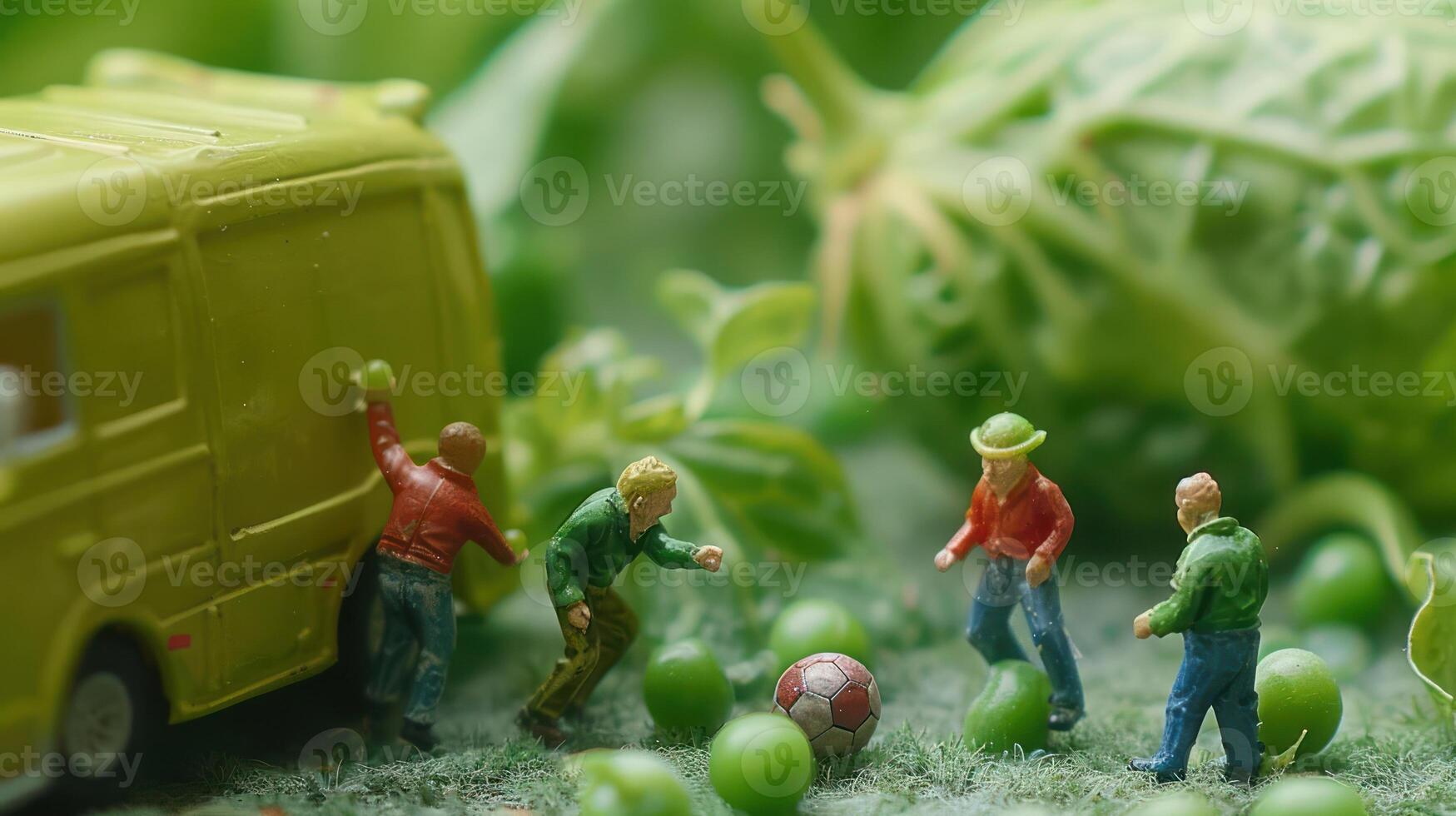 Miniature figures playing soccer with green balls near a toy van amidst lush greenery photo