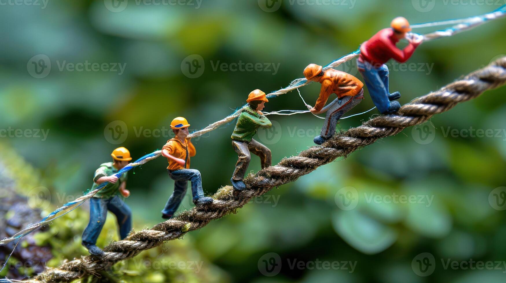 Miniature figures working together to pull a rope across a lush green background photo