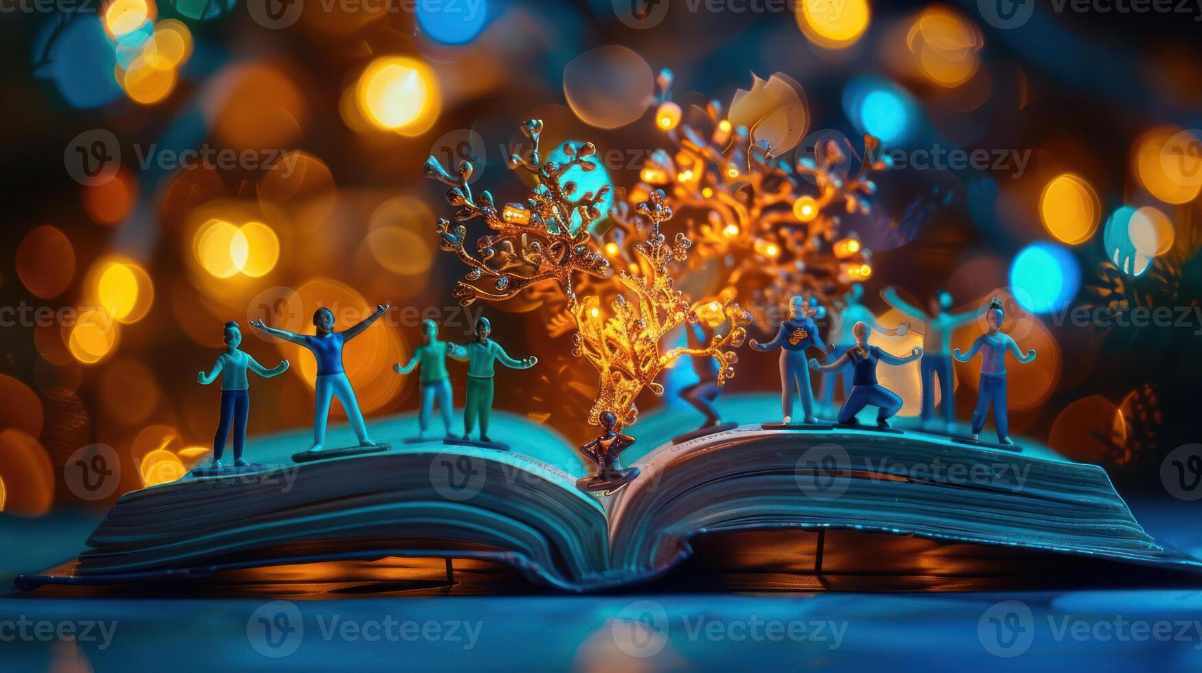 Miniature figures dancing around a glowing tree emerging from an open book with a bokeh background photo