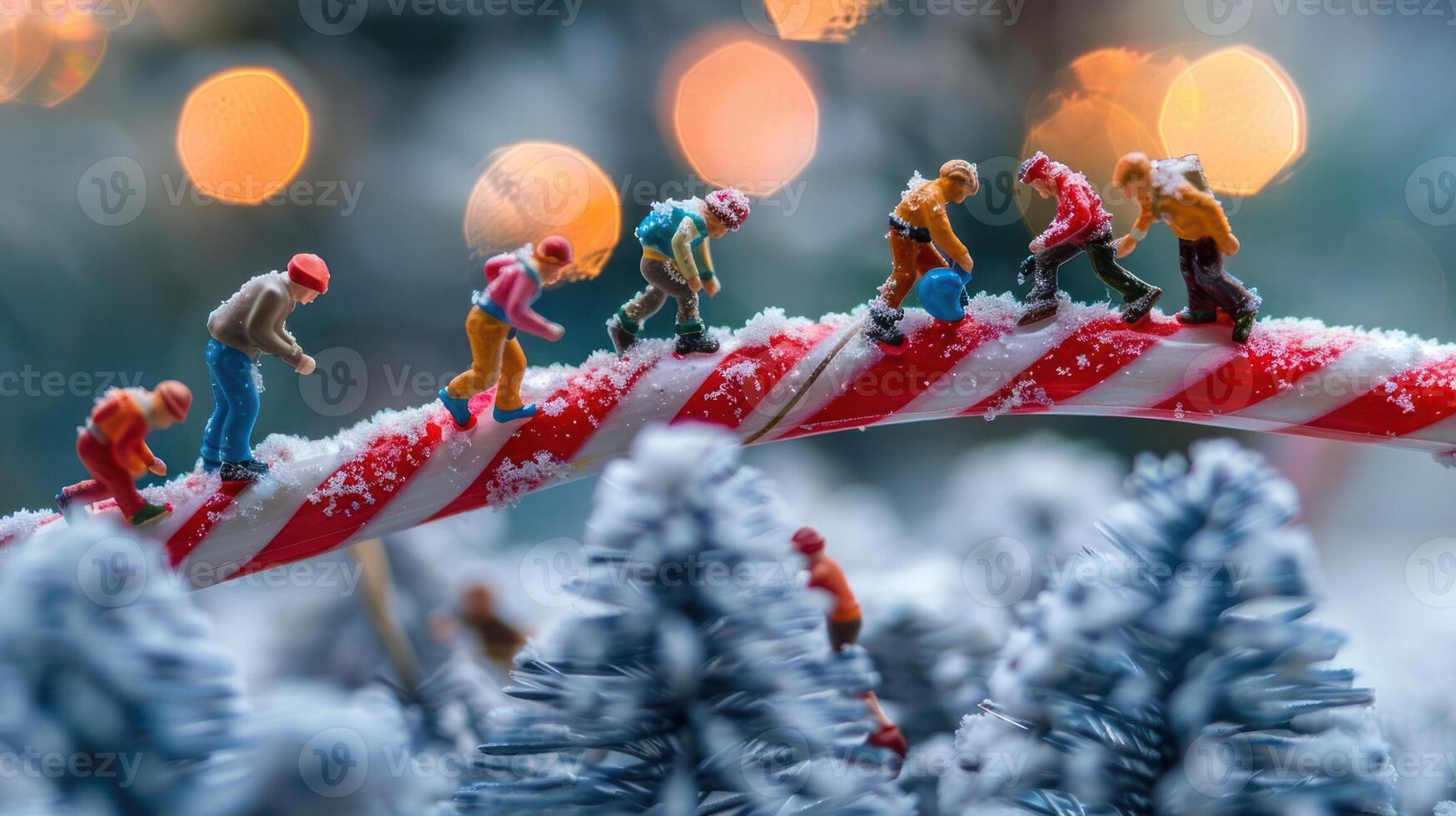 Miniature figures climbing a candy cane in a snowy landscape with blurred festive lights photo