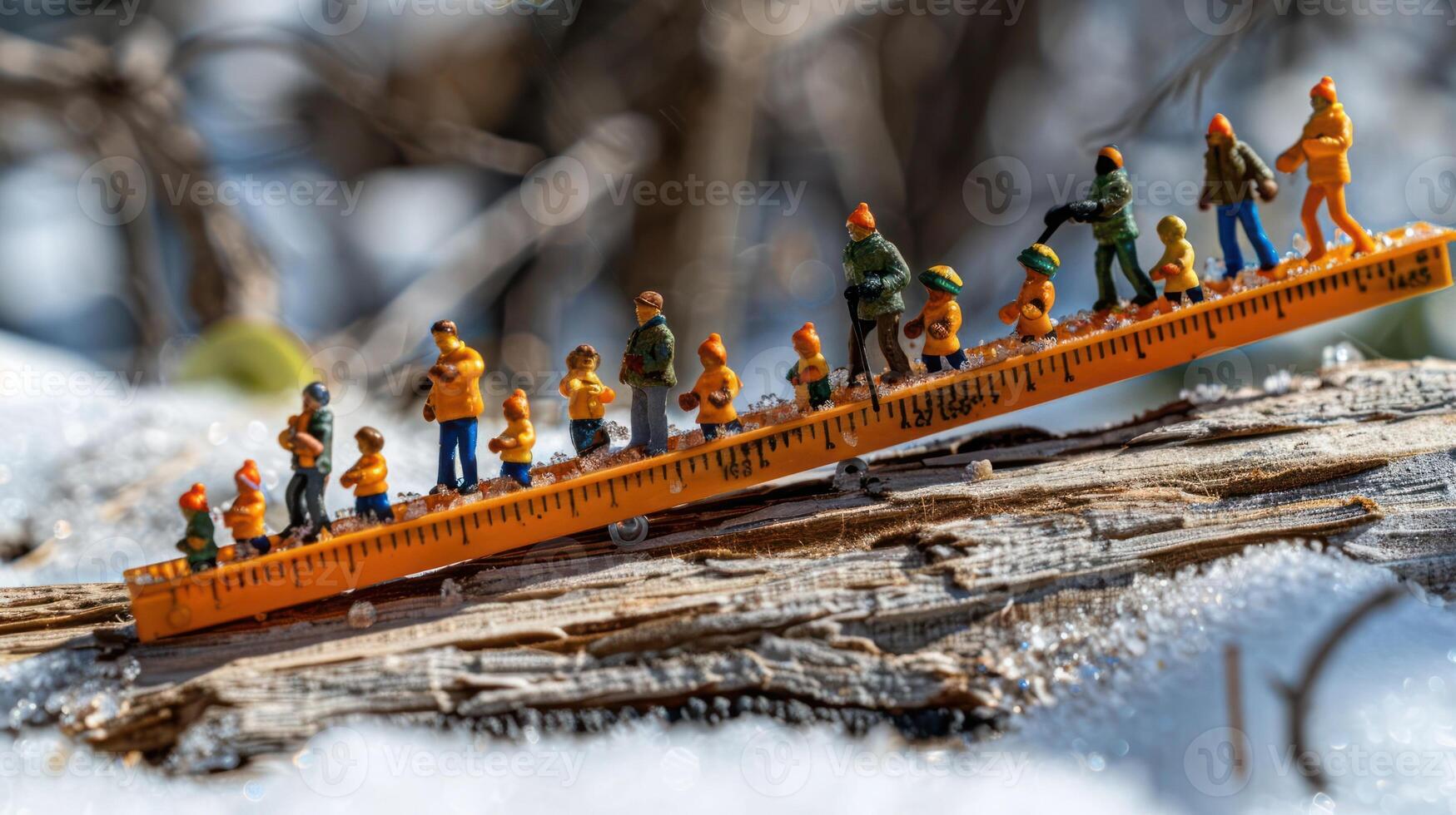 Miniature figures walking along a ruler on a snowy log, showcasing a whimsical winter scene photo