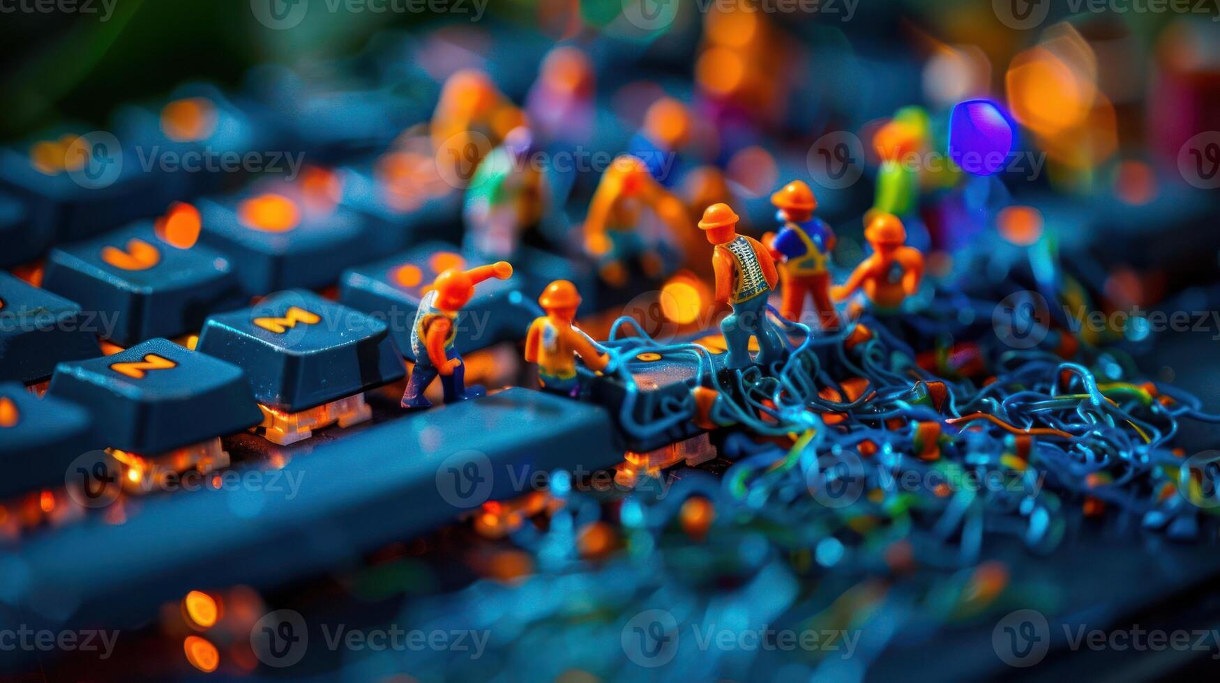 Miniature construction workers repairing a colorful keyboard amidst tangled wires and lights photo