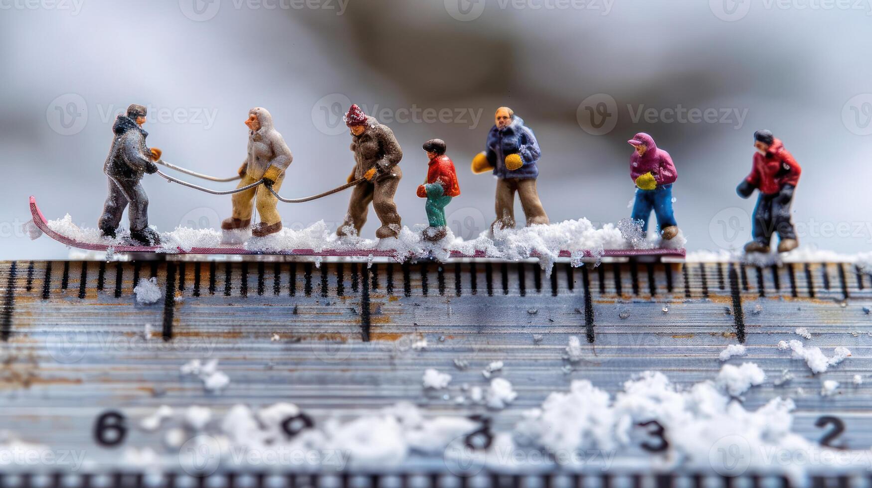 Miniature figures skiing on a ruler in a snowy environment, showcasing winter sports and fun photo