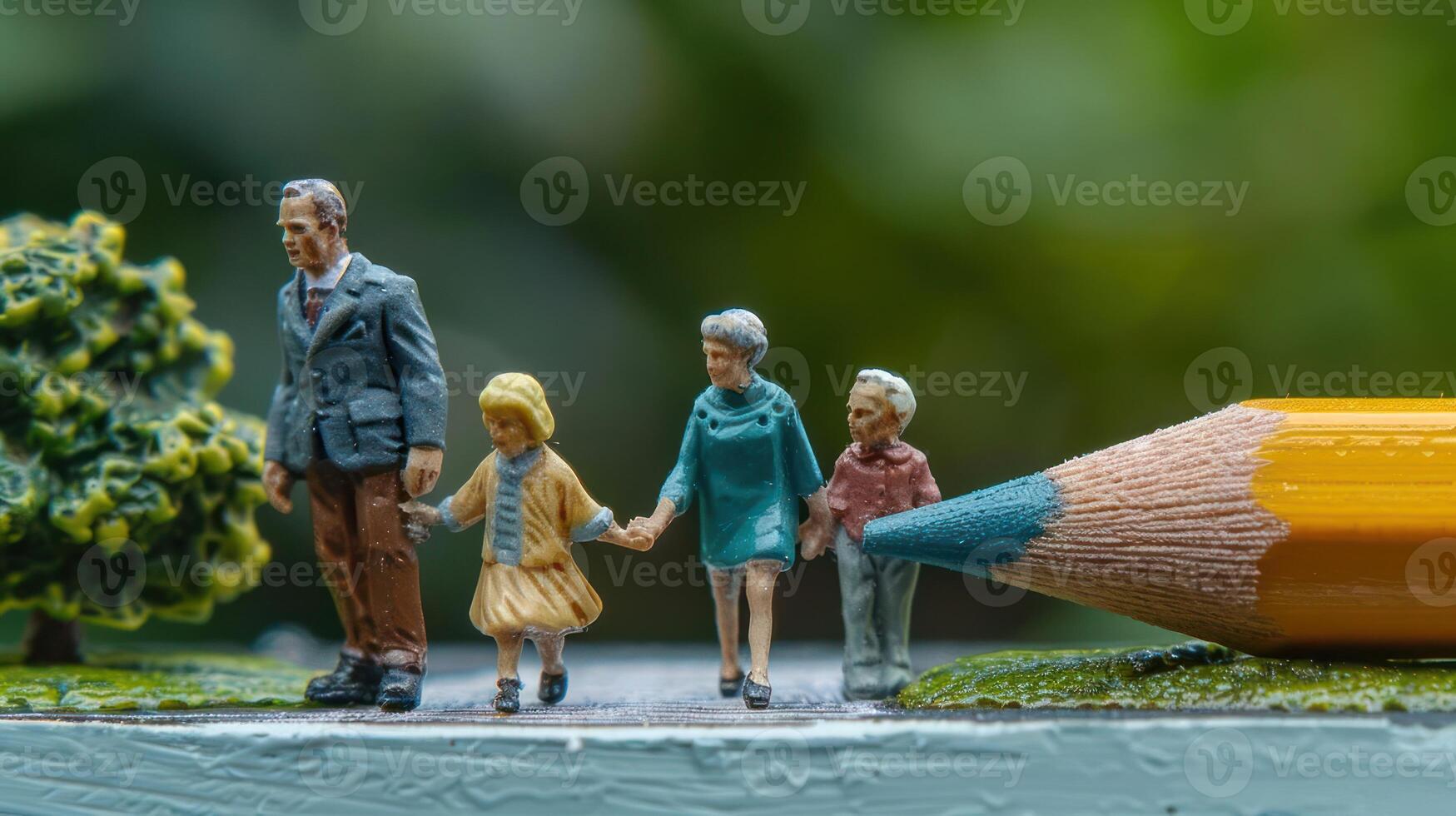 Miniature figures of a family walking hand in hand beside a giant colored pencil in a lush setting photo