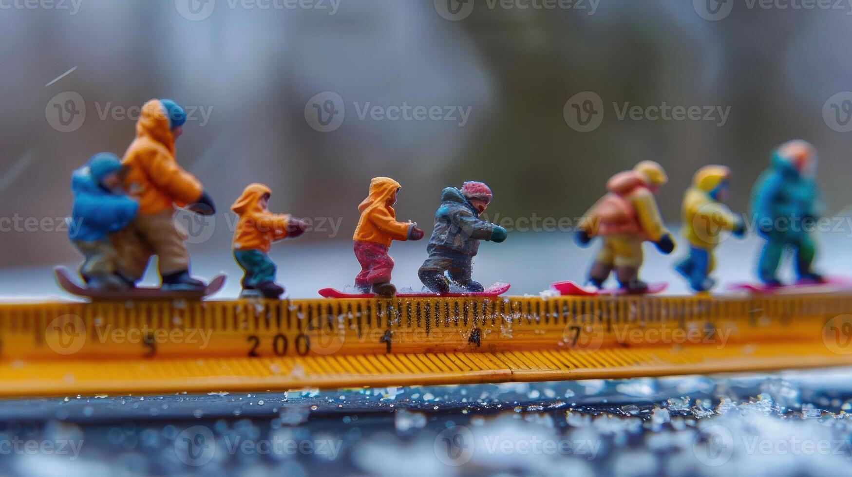 Miniature snowboarders of varying sizes riding down a ruler in a snowy landscape, playful scene photo