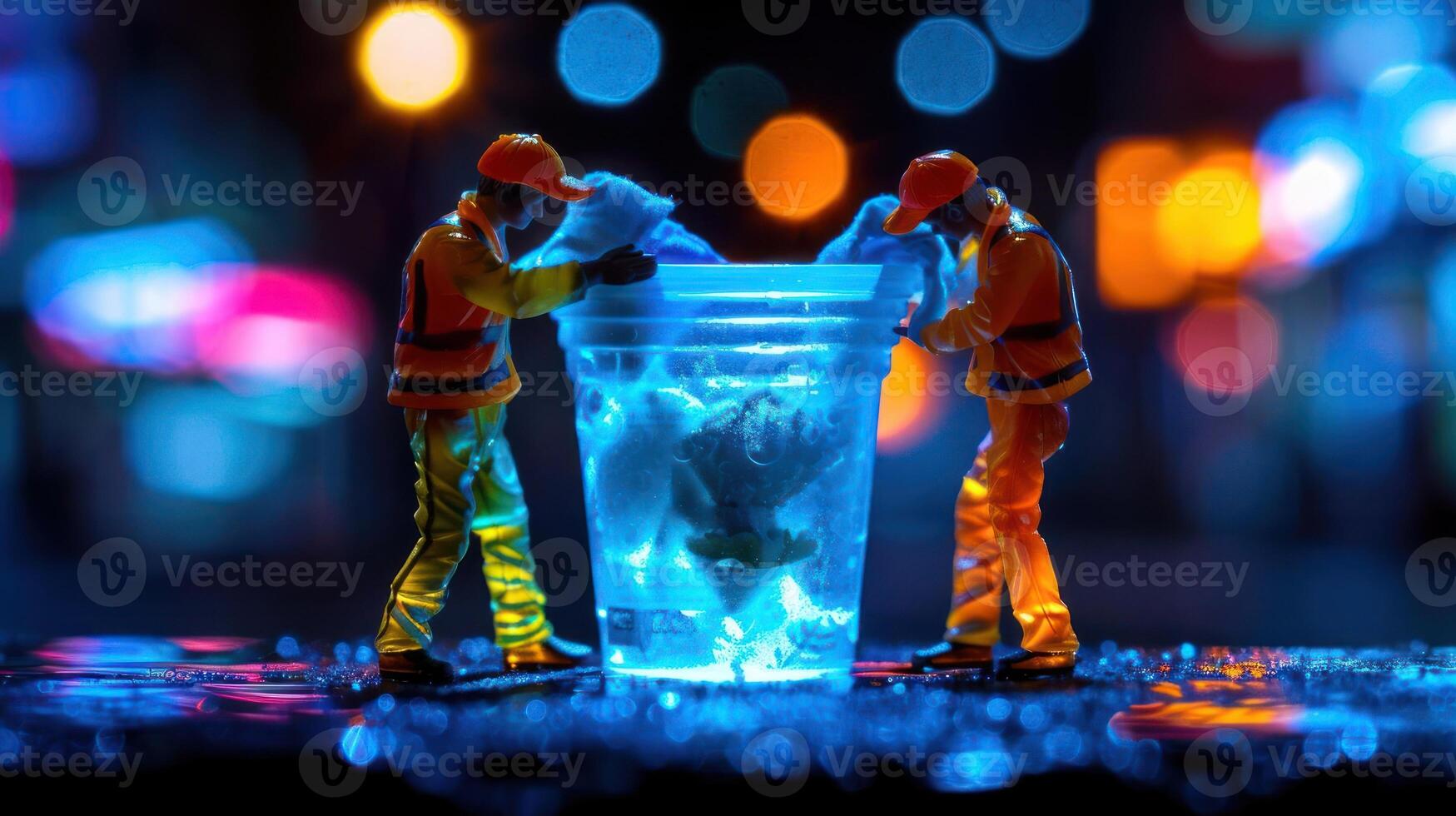 Miniature figures cleaning a glowing cup in a vibrant urban setting with blurred lights photo