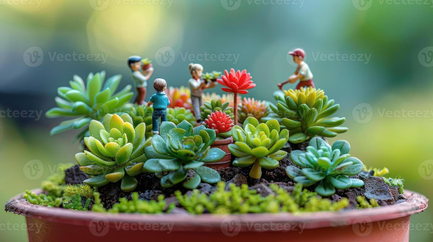 Miniature gardeners tending to vibrant succulents in a pot, surrounded by lush greenery photo