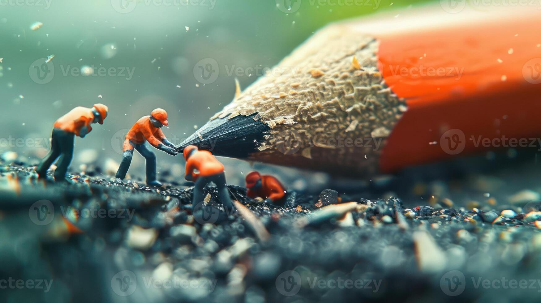 Miniature workers sharpening a giant pencil amidst shavings on a blurred green background photo