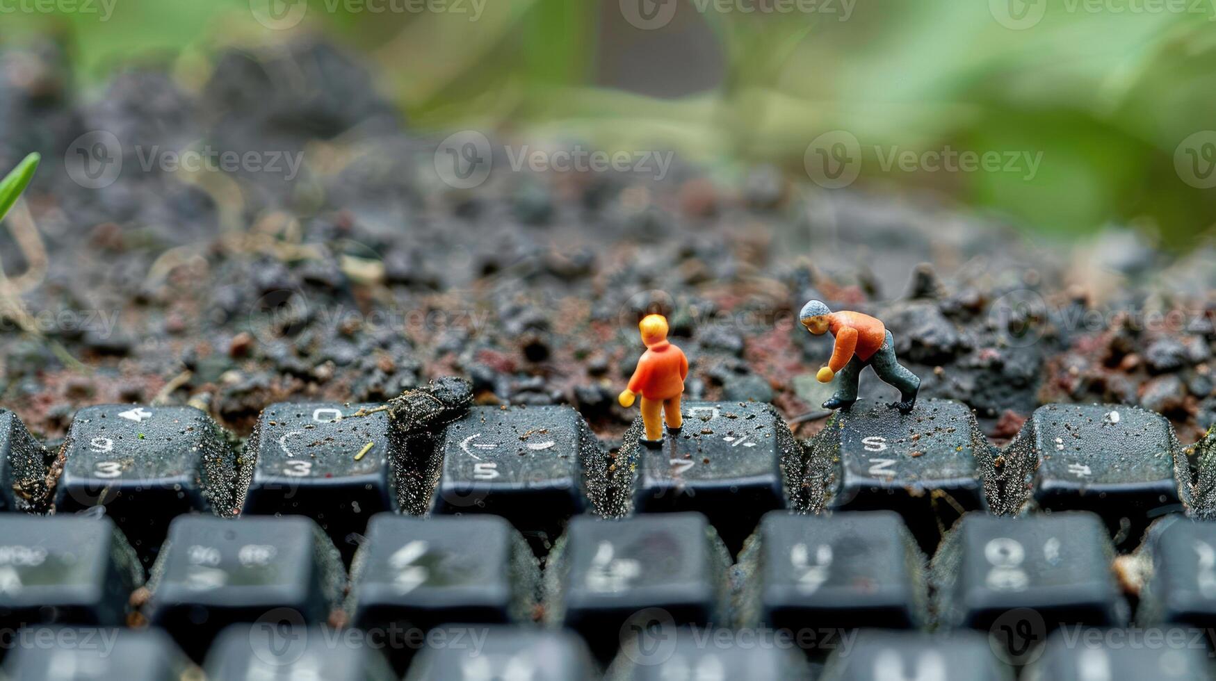 Miniature figures working on a dusty keyboard in a lush, overgrown environment, showcasing nature's reclaiming photo