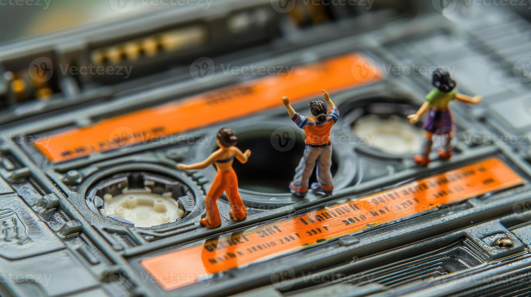Miniature figures dancing on a vintage cassette tape with vibrant colors and retro vibe photo