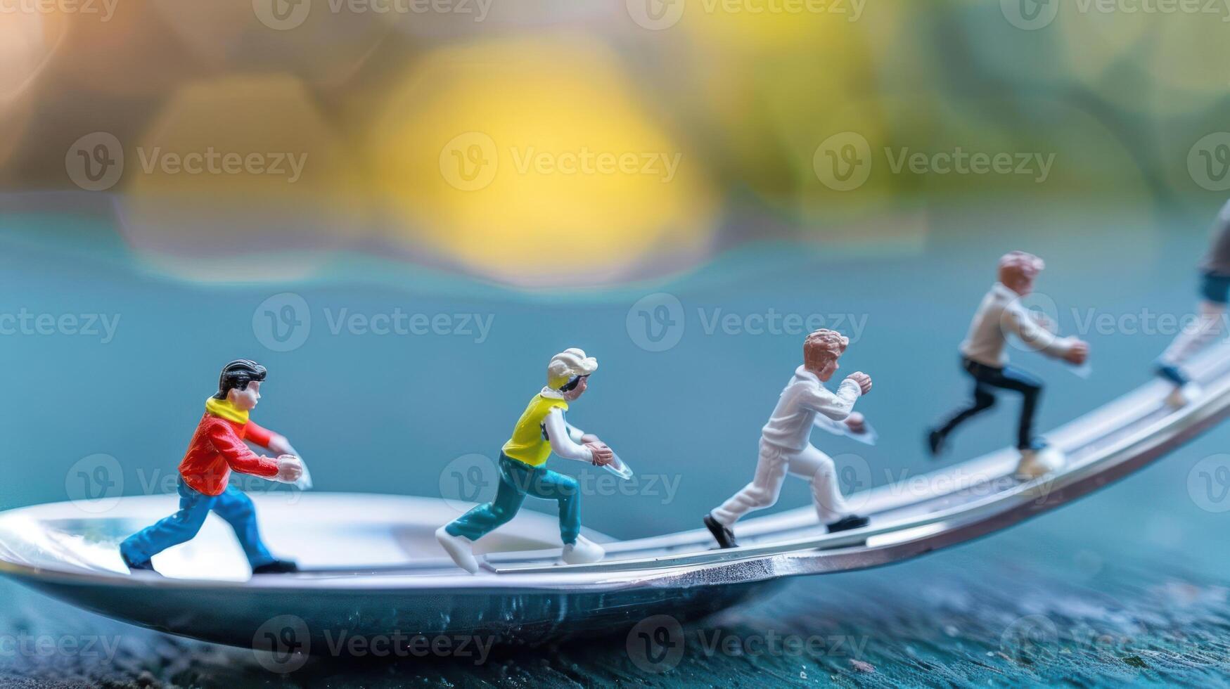 Miniature figures running along a spoon, symbolizing teamwork and progress in a vibrant setting photo