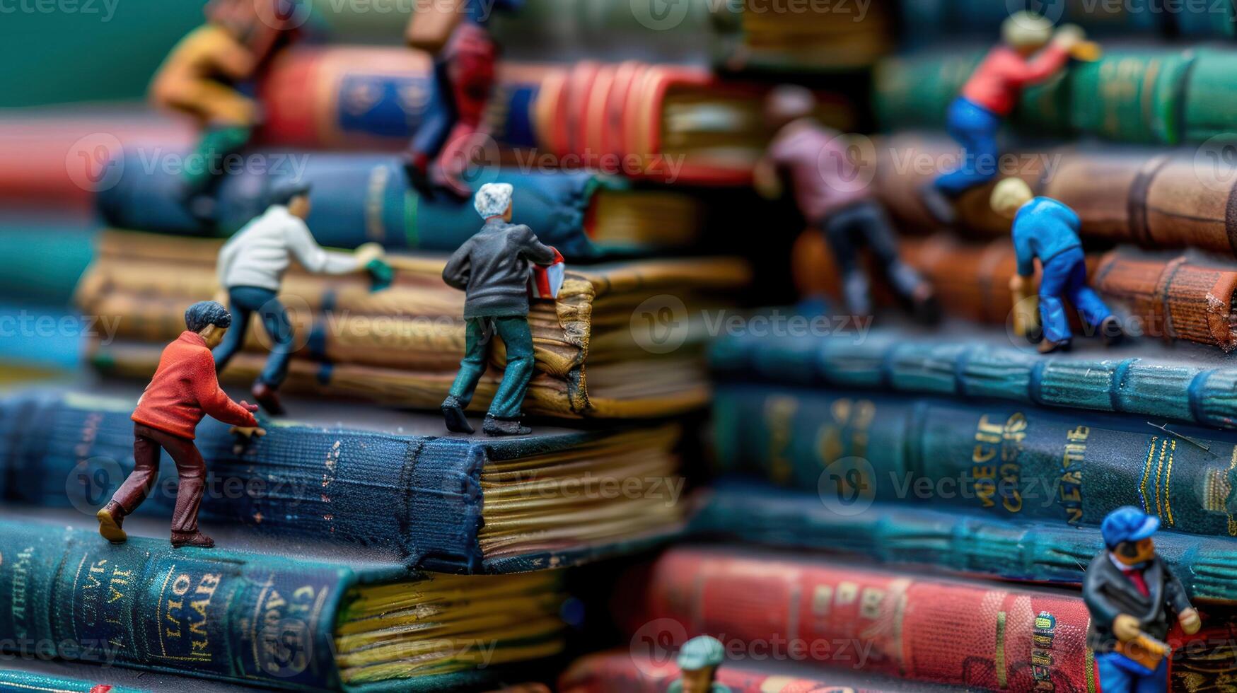 Miniature figures climbing a stack of vintage books in a colorful library setting photo