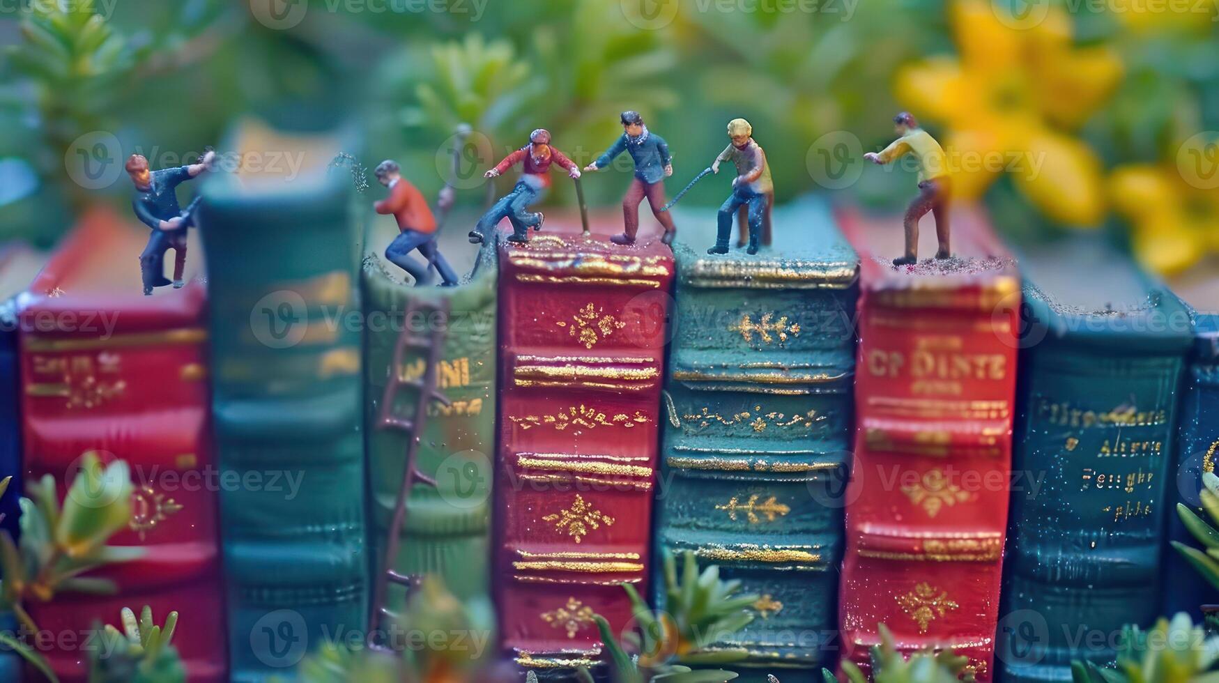 Miniature figures climbing colorful books in a lush garden setting with vibrant flowers photo