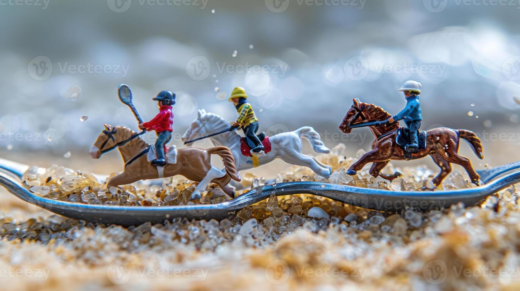 Miniature horse race on a spoon amidst sandy beach with splashing water in the background photo