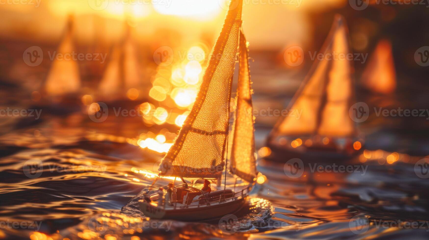 Miniature sailboats gracefully gliding across shimmering water at sunset, creating a tranquil scene photo