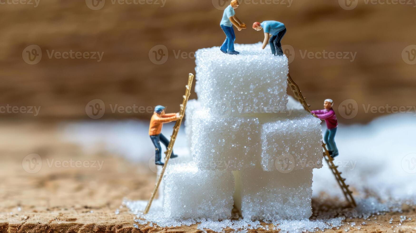 Miniature figures constructing a sugar cube pyramid on a wooden surface, showcasing teamwork photo