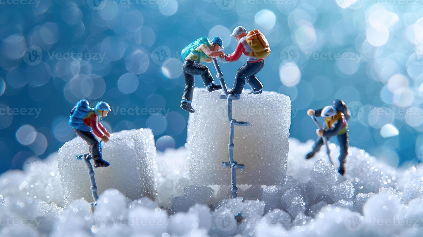 Miniature climbers ascend sugar peaks against a sparkling blue background, symbolizing adventure photo