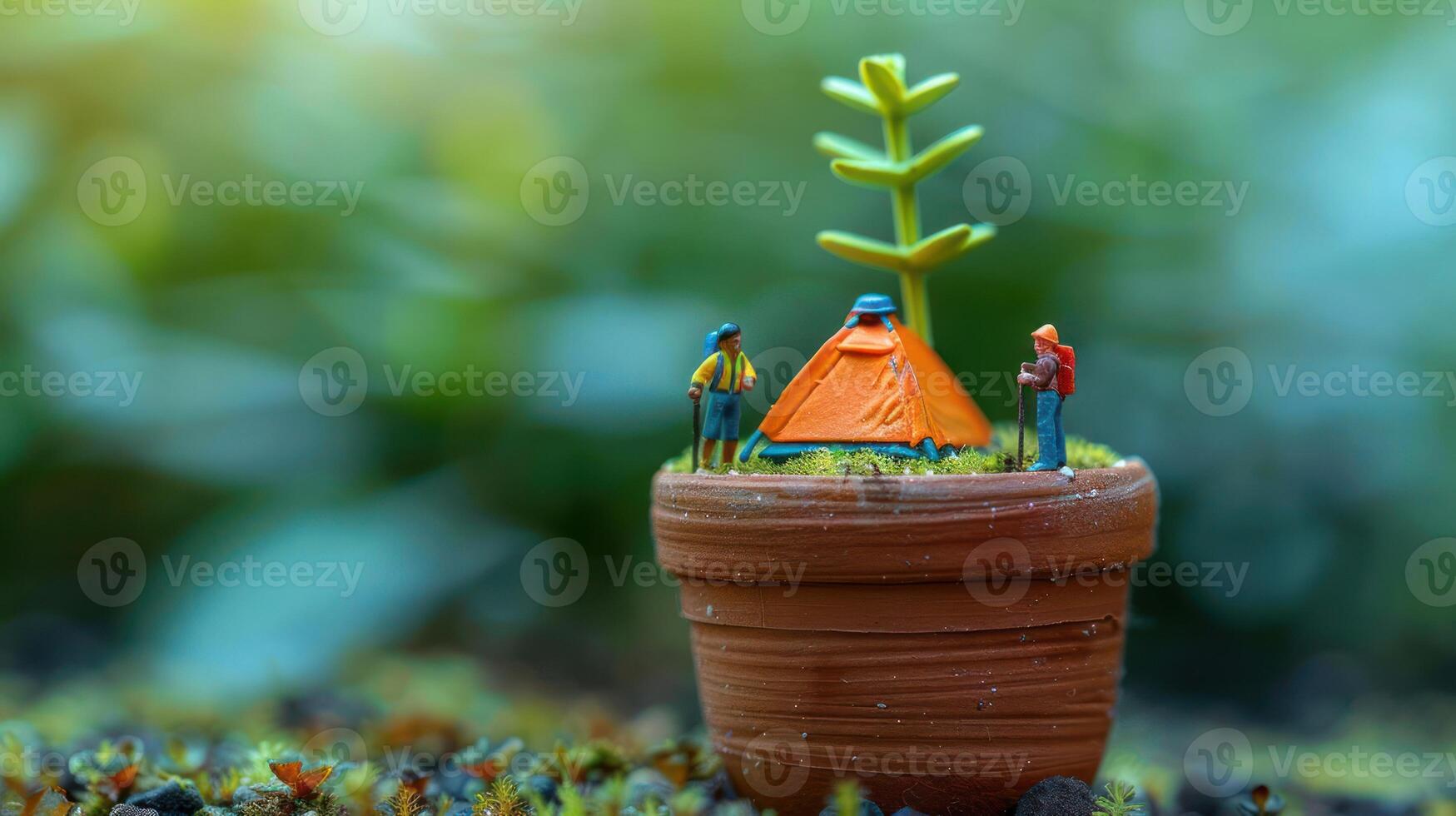 Miniature hikers set up a tent in a potted plant, surrounded by lush greenery and tranquility photo
