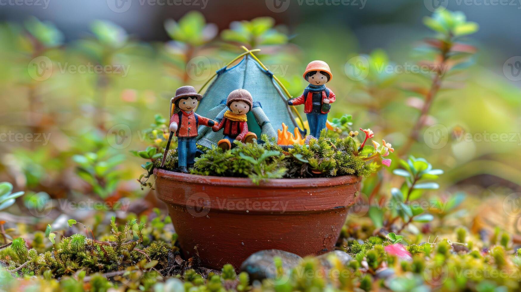 Miniature camping scene with figurines around a tent in a vibrant, green garden setting photo