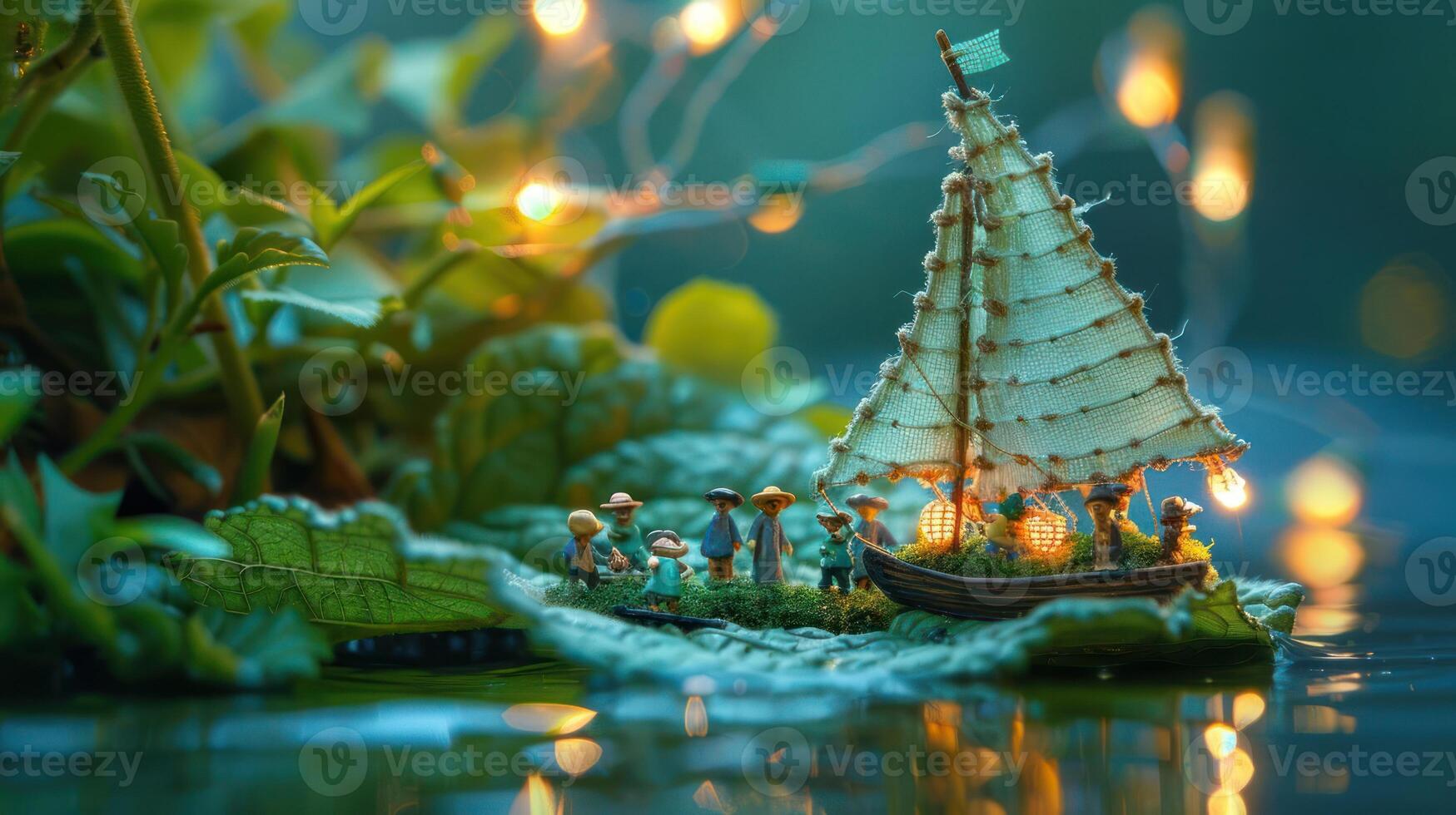 Miniature boat sailing on a serene water surface surrounded by lush greenery and glowing lights photo