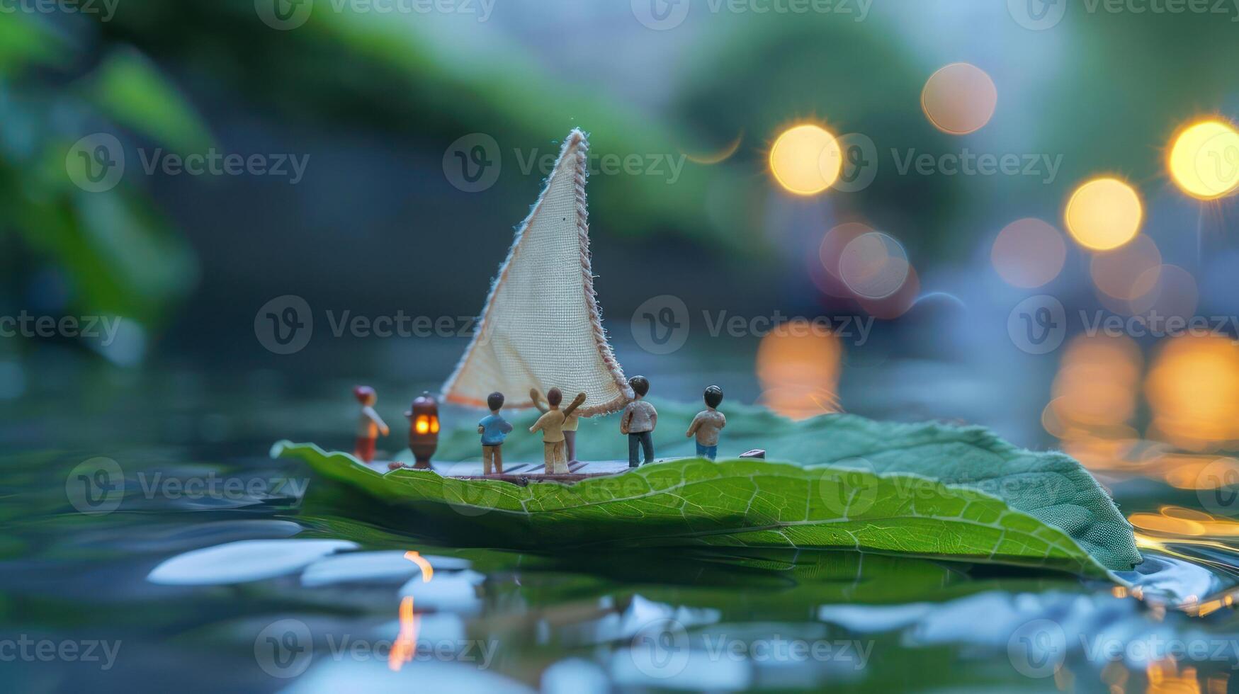 Miniature figures sailing on a leaf in a tranquil waterway, surrounded by blurred city lights photo