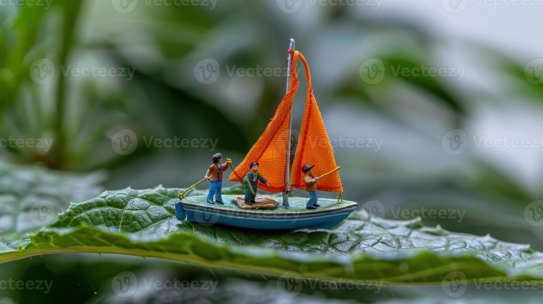 Miniature fishermen on a vibrant green leaf sail towards a lush background in nature photo