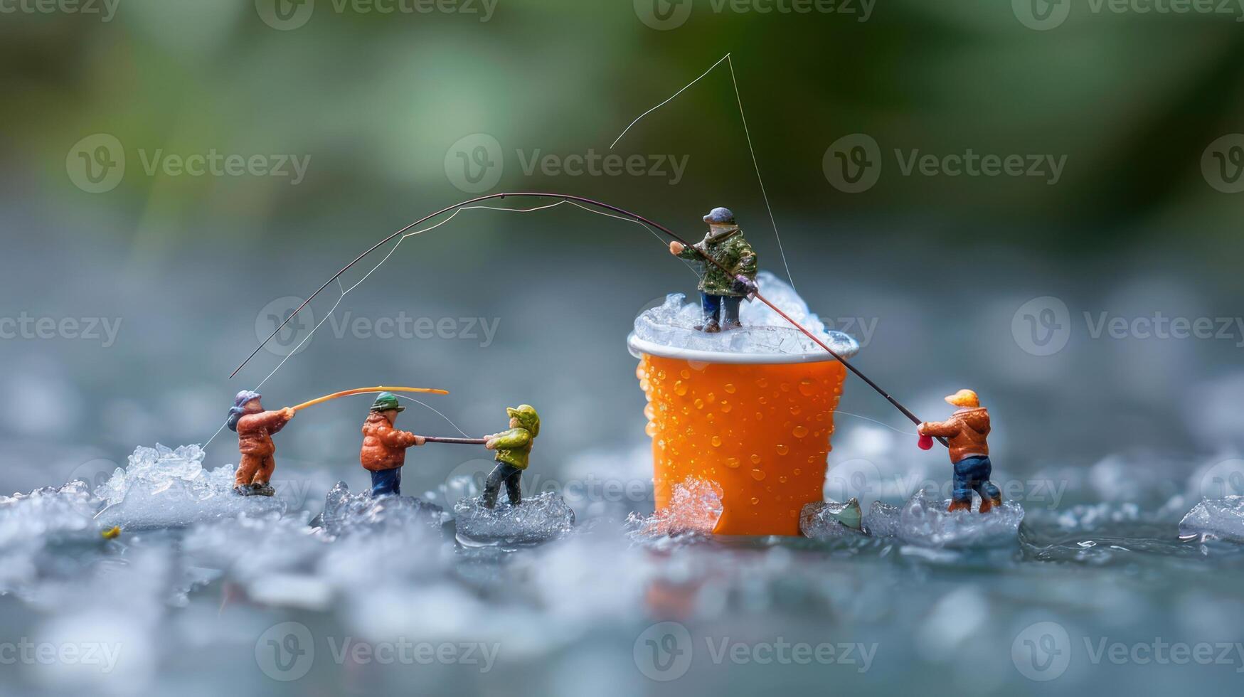 Miniature fishermen engaged in a playful competition on a colorful cup amidst a rainy backdrop photo