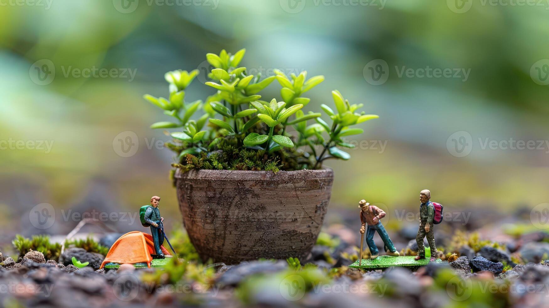 Miniature figures camping beside a potted plant in a lush, green environment with soft focus photo