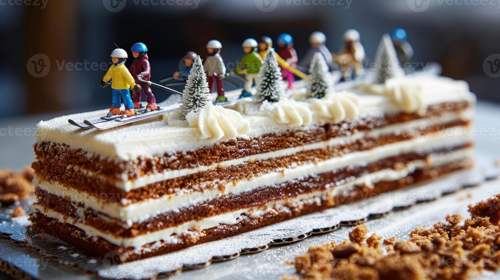 Festive cake decorated with miniature skiers and trees, set in a cozy winter-themed background photo