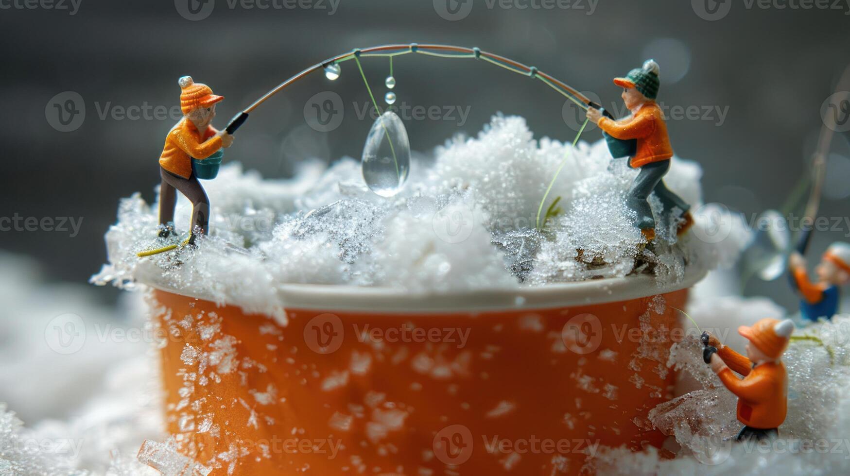 Miniature figures ice fishing in a snowy landscape, capturing a droplet above a cup photo
