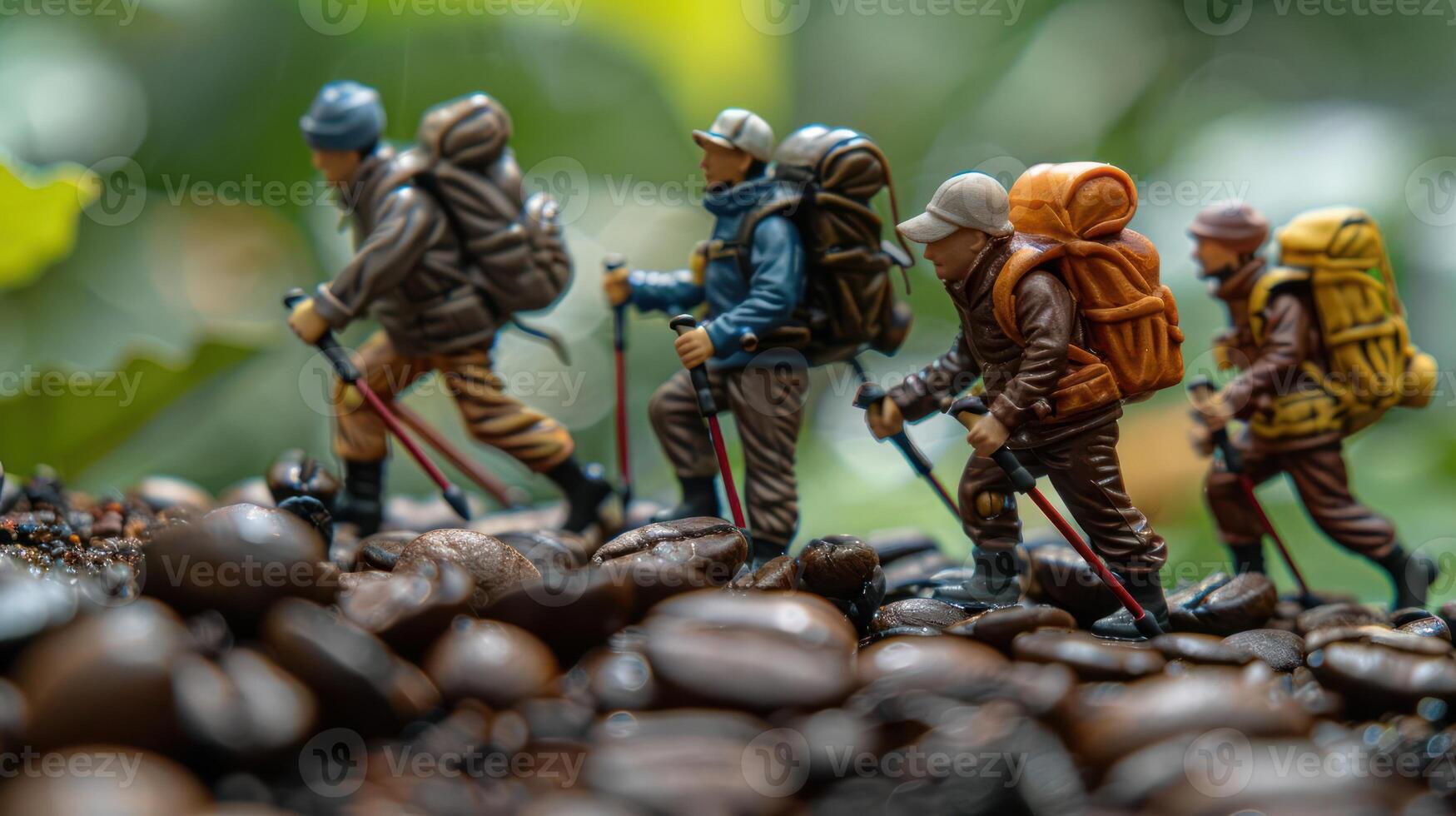 Miniature hikers trekking over coffee beans amidst lush greenery, capturing adventure and exploration photo