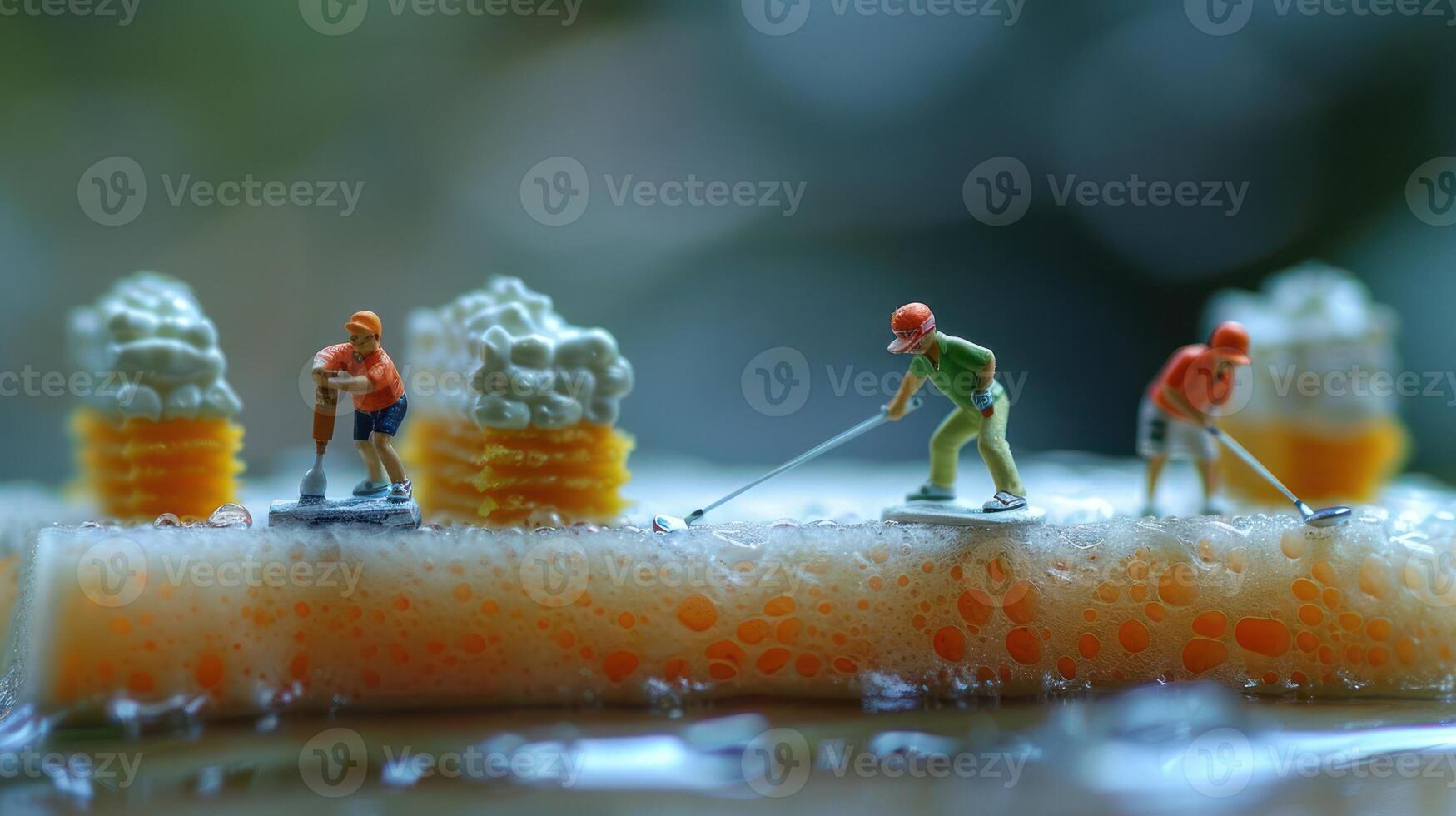 Miniature workers cleaning a sponge with bubbles, showcasing a playful scene of maintenance photo