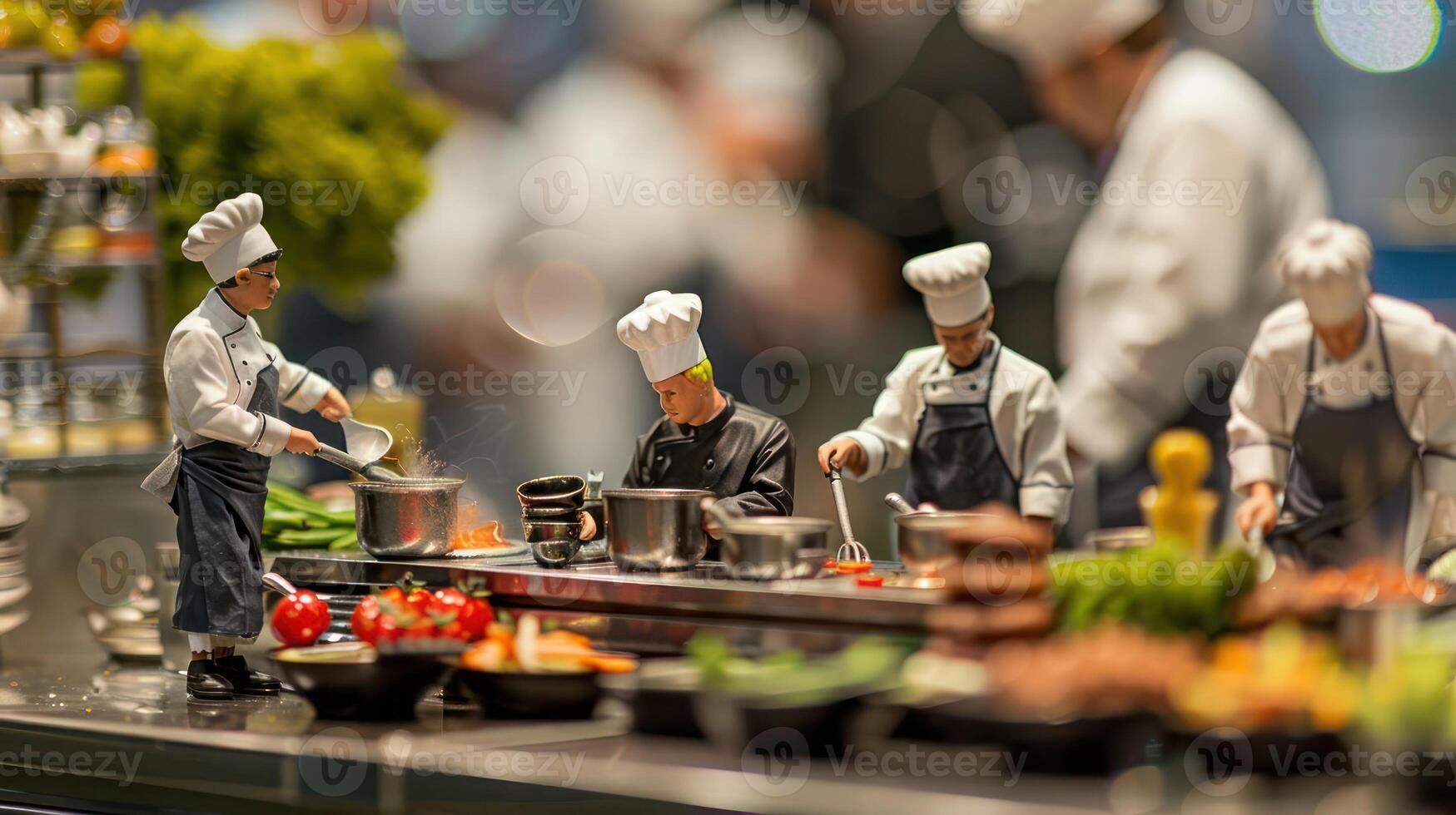 Miniature chefs preparing gourmet dishes in a bustling kitchen with vibrant ingredients photo