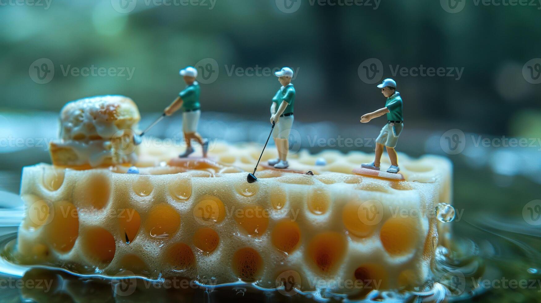 Miniature golfers play on a sponge floating in water, surrounded by a serene natural backdrop photo