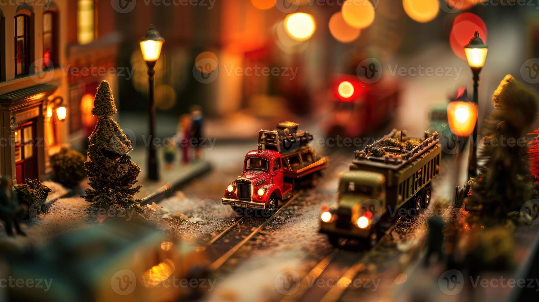 Miniature holiday scene with vintage vehicles on snowy streets, festive lights illuminating the background photo