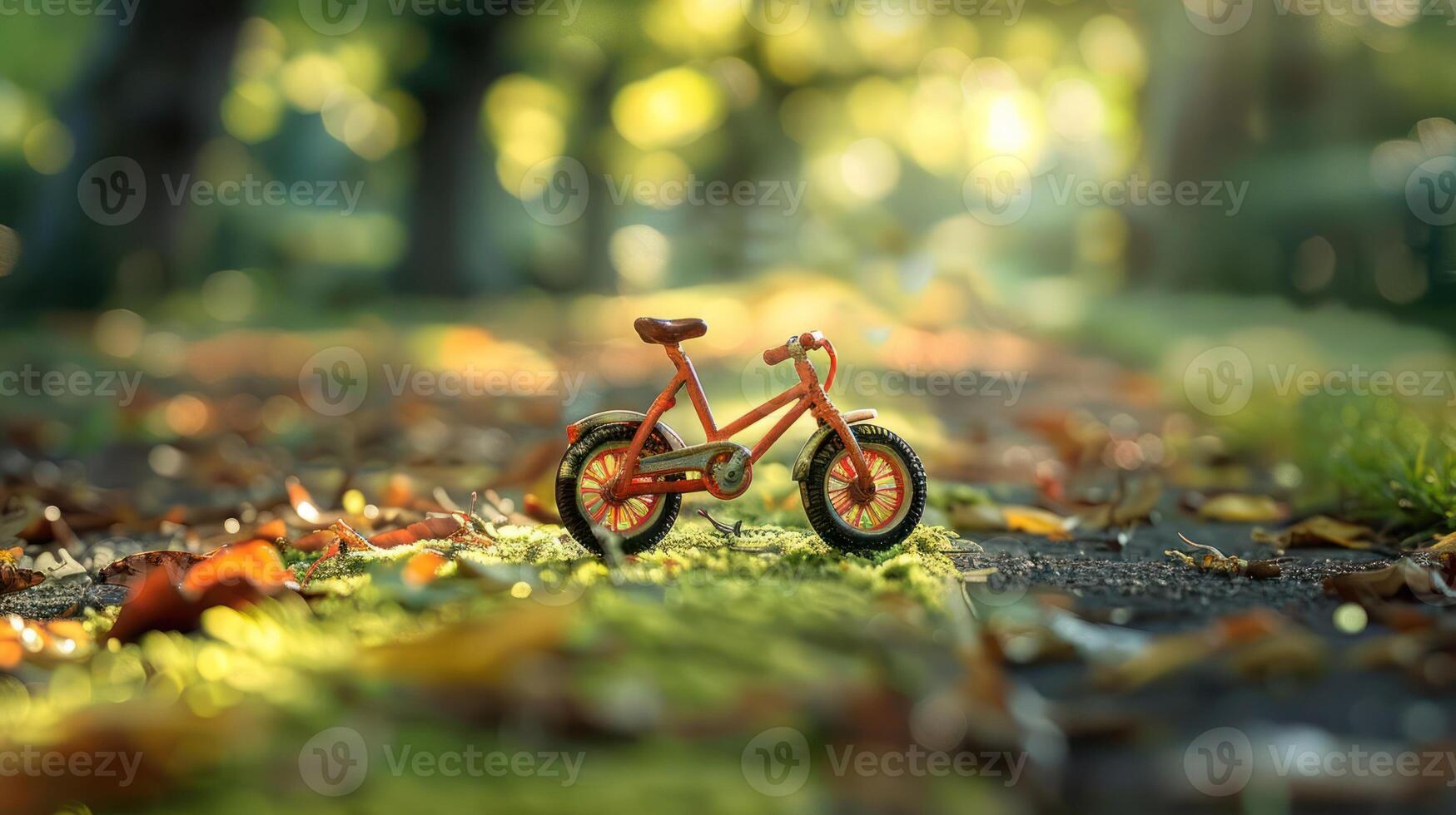 A small orange bicycle stands on a path covered with autumn leaves in a sunlit park photo